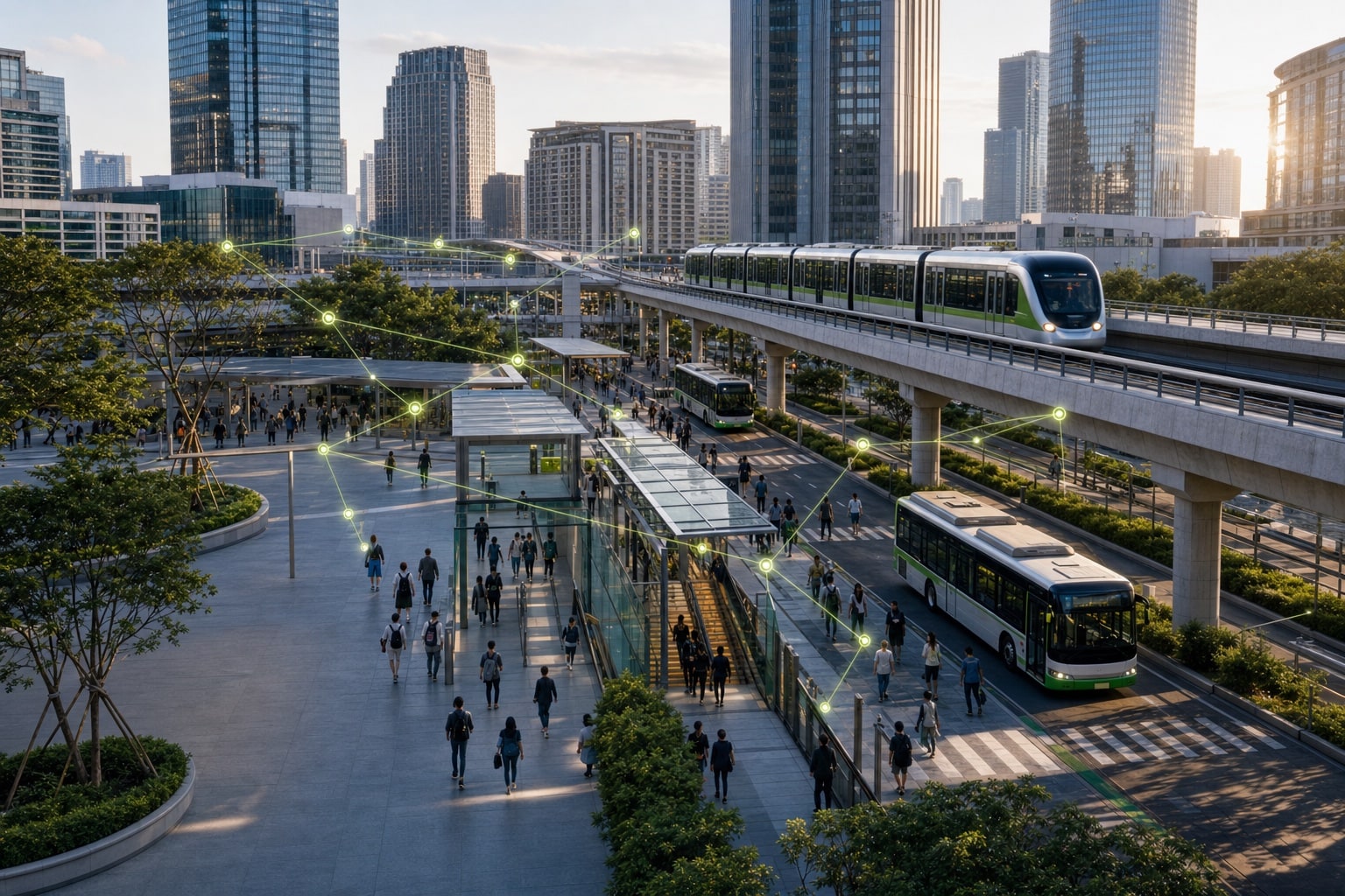 Trenes, autobuses, estaciones y pasajeros conectados en un intercambiador urbano de transporte público de gran actividad.