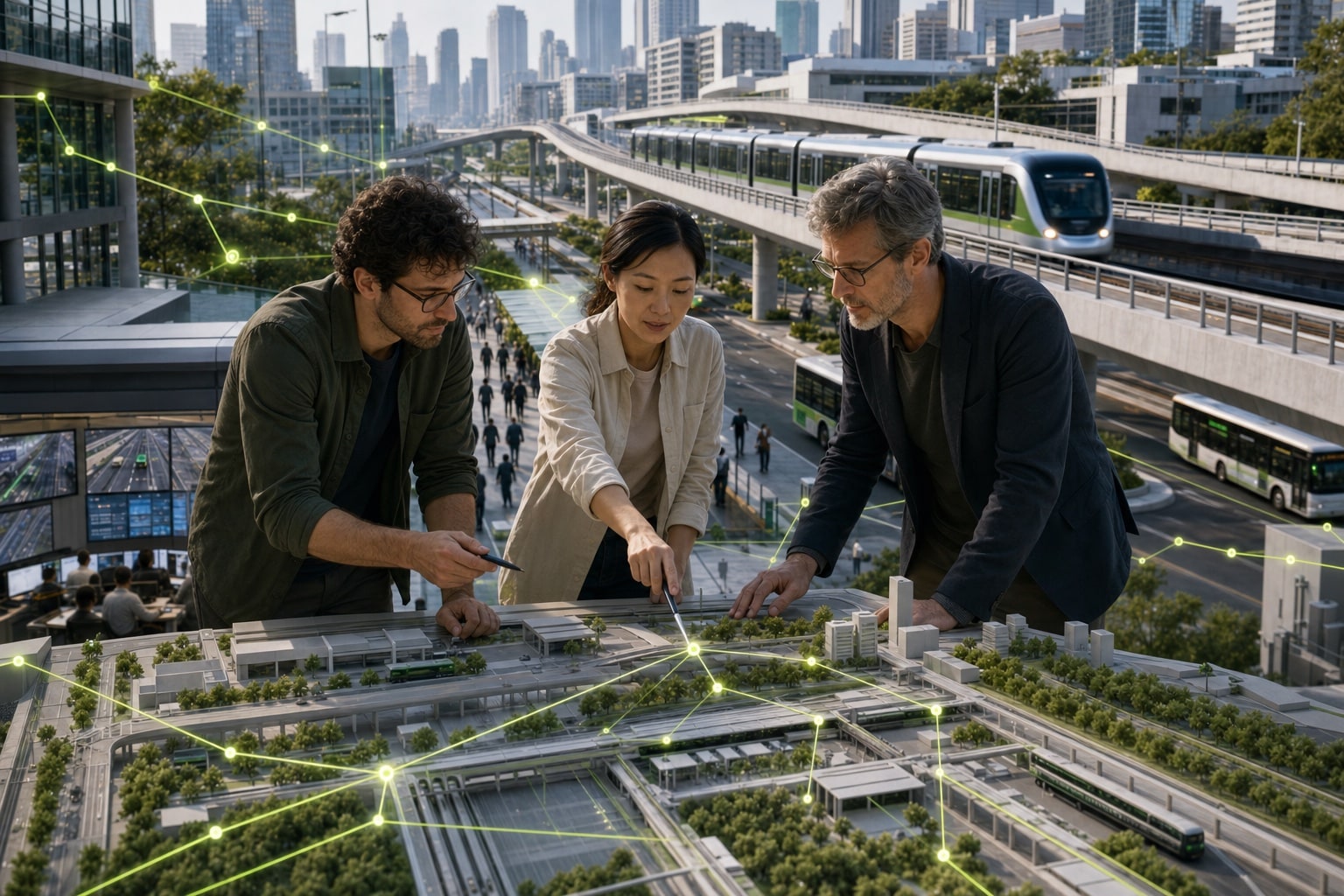 Transit specialists mapping the physical, operational, and data layers of a multimodal system.