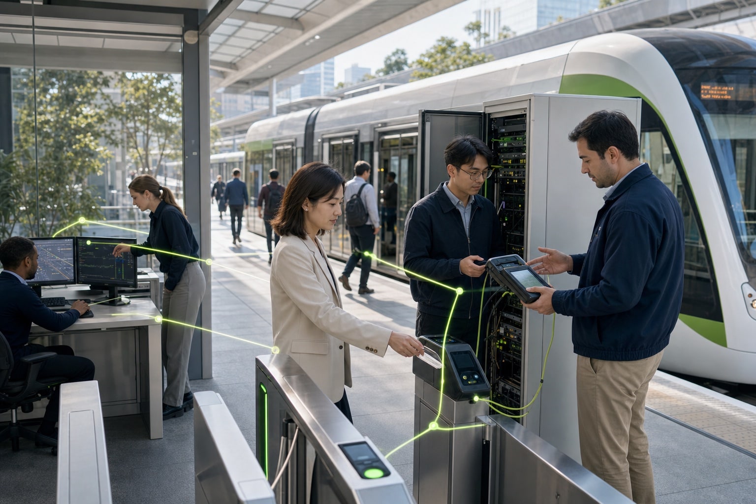 Un equipo de transporte público probando equipos de andén, sistemas operativos y la integración con la red en servicio.